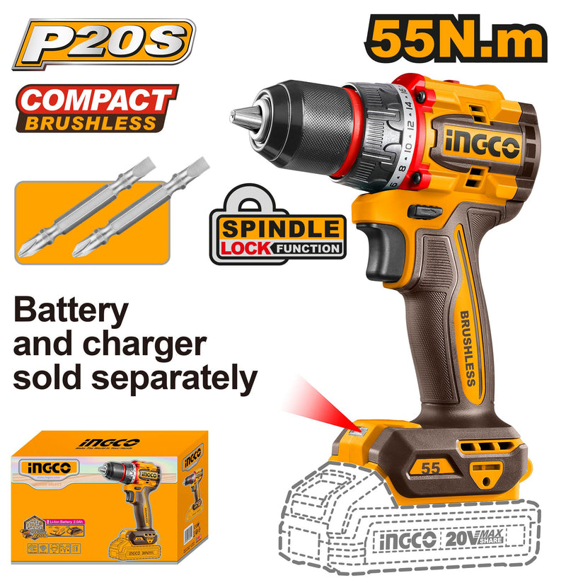 INGCO COMPACT DRILL CORDLESS BRUSHLESS 55NM 20 V