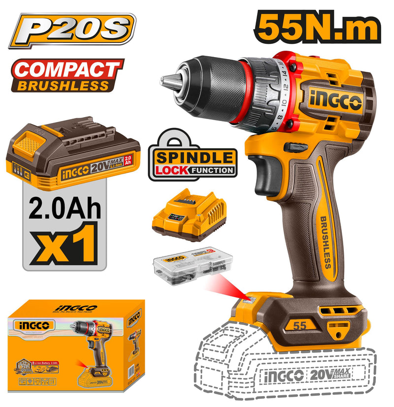 INGCO COMPACT DRILL CORDLESS BRUSHLESS 55NM BAT 2.0 AMP + CHARGER 20 V