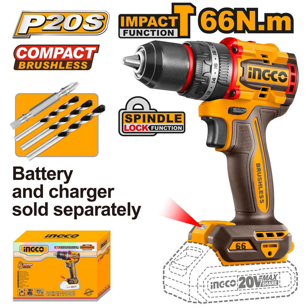 INGCO COMPACT BRUSHLESS CORDLESS IMPACT DRILL