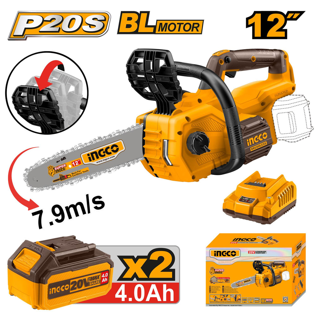 INGCO CHAIN SAW CORDLESS 8" BAT + CHARGER PACK 20 V