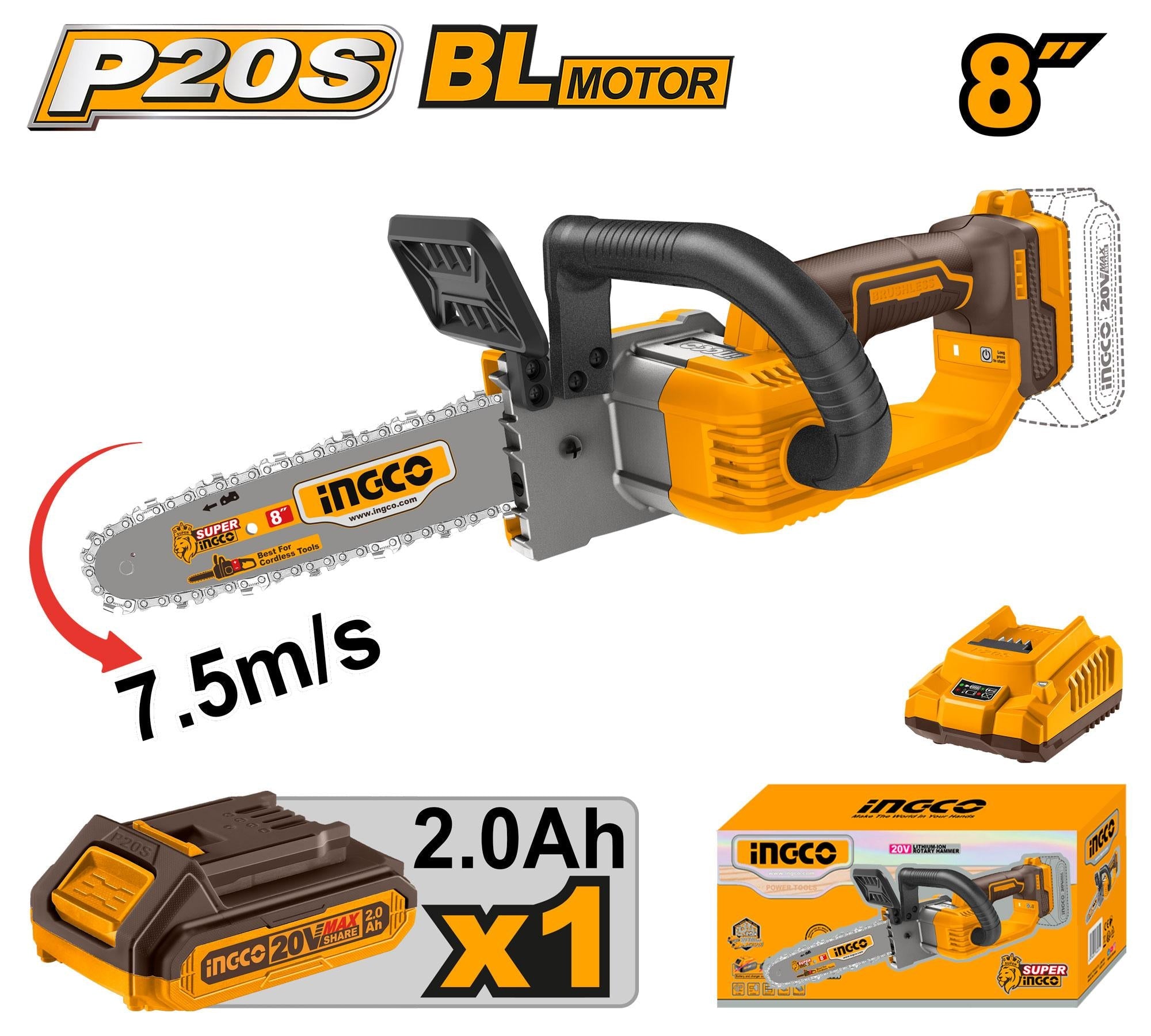 INGCO CHAIN SAW CORDLESS 8" BAT + CHARGER PACK 20 V