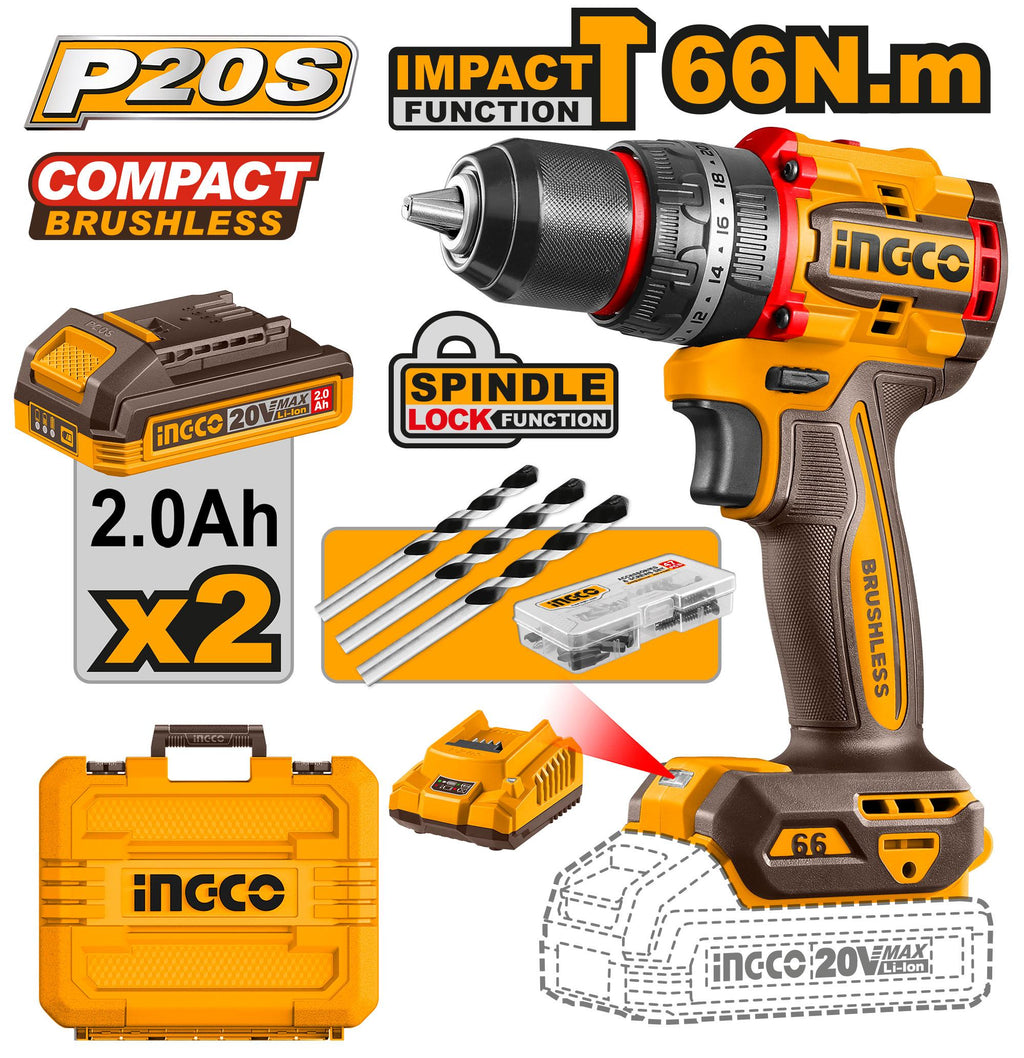 INGCO IMPACT DRILL BRUSHLESS CORDLESS 2 BAT 2.0 AMP + CHARGER 66 NM