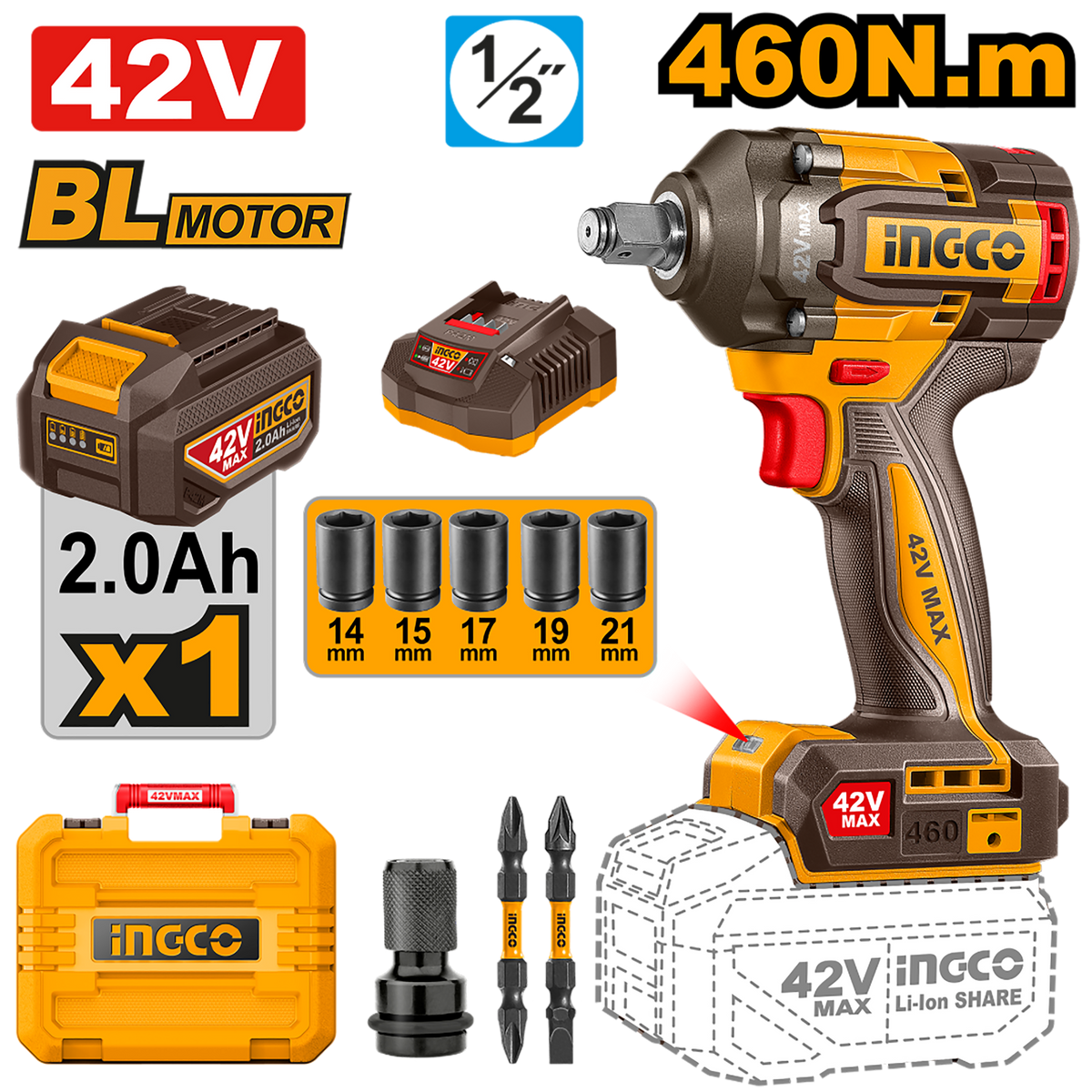 INGCO CORDLESS IMPACT WRENCH CIWLI42461