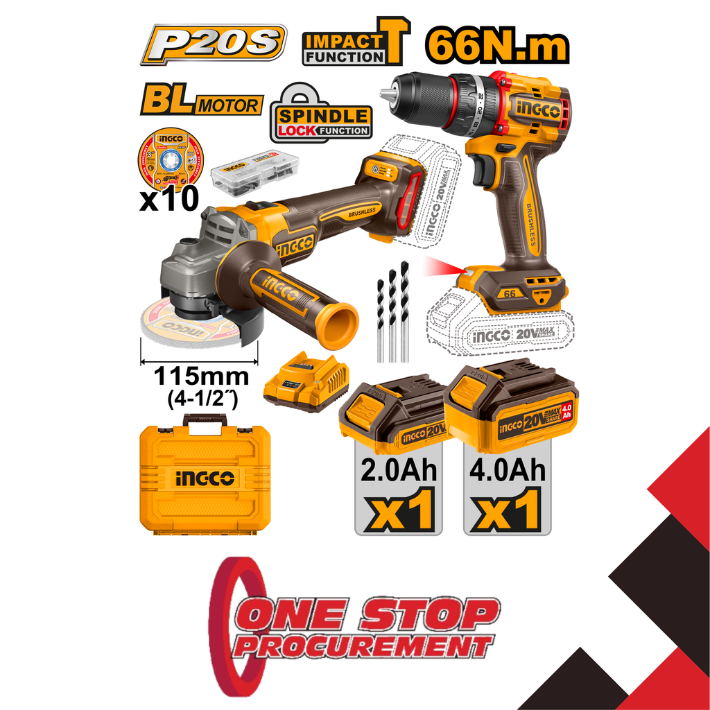 INGCO COMBO KIT 2 PCS IMPACT DRILL + ANGLE GRINDER   20V