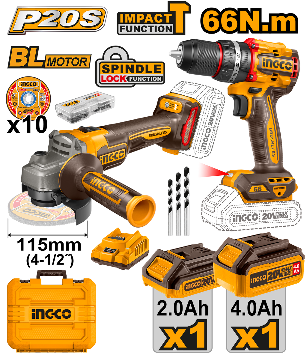 INGCO COMBO KIT 2 PCS IMPACT DRILL + ANGLE GRINDER   20V