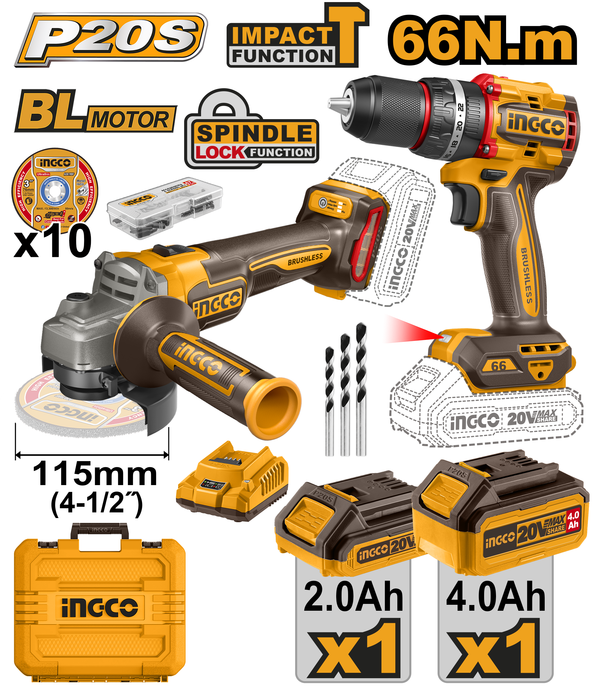 INGCO COMBO KIT 2 PCS IMPACT DRILL + ANGLE GRINDER   20V