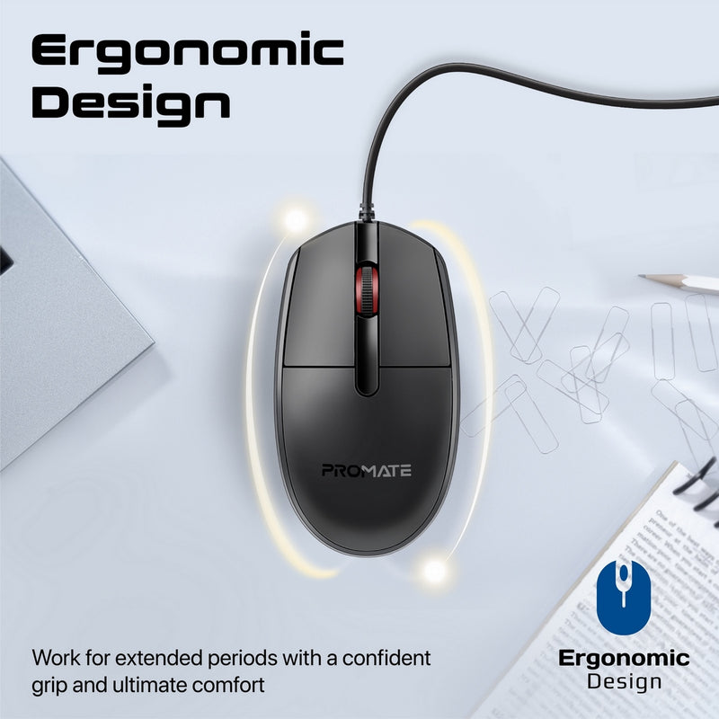 Promate CM1200 Ergonomic Design Wired Optical Mouse PRO-MU-CM1200