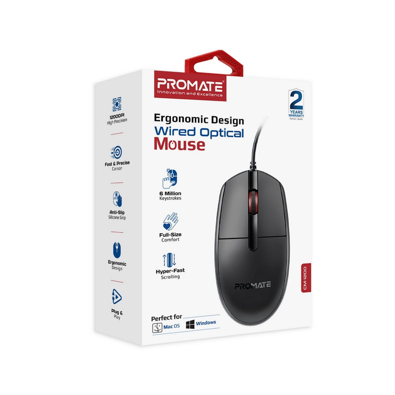 Promate CM1200 Ergonomic Design Wired Optical Mouse PRO-MU-CM1200