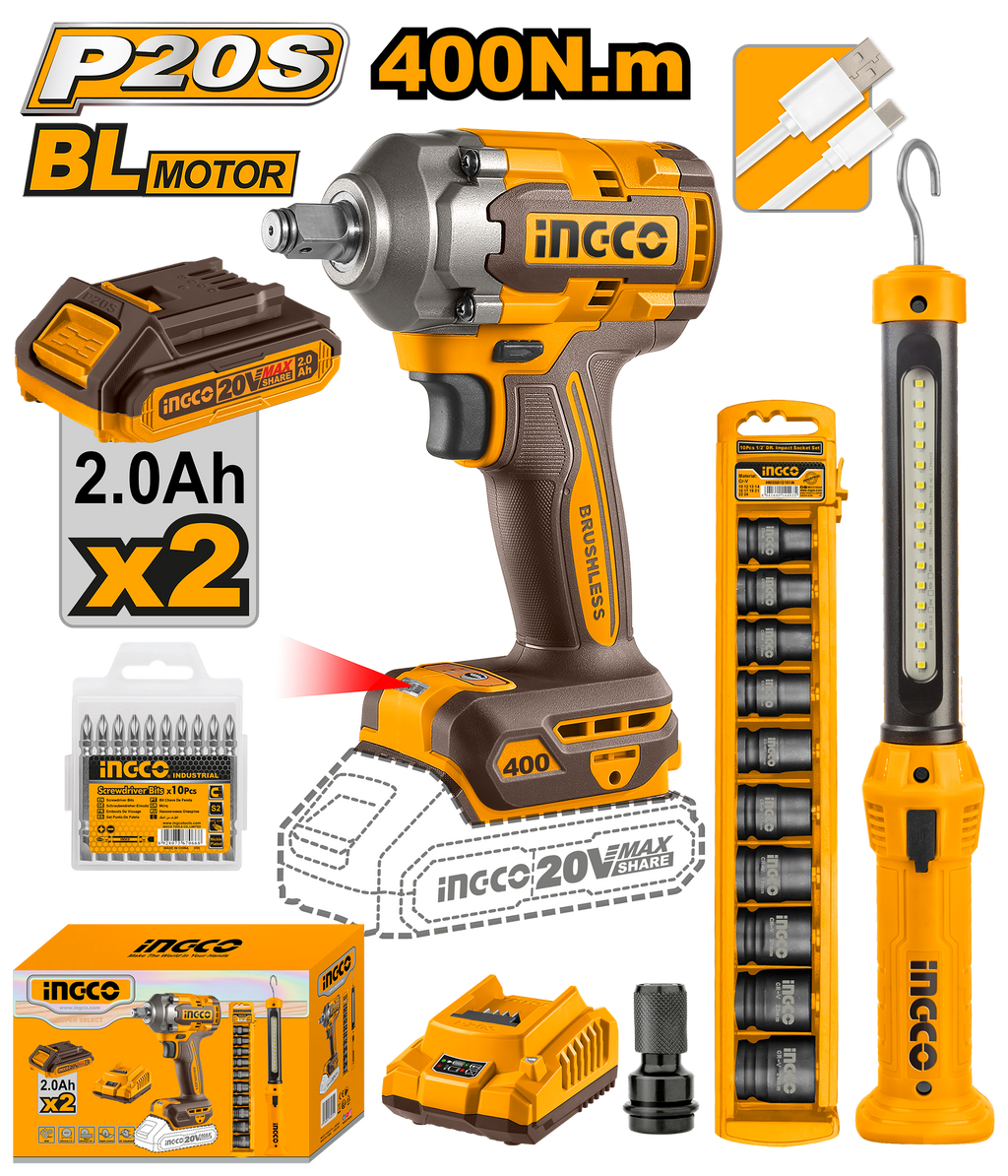 INGCO COMBO KIT 2 PCS IMPACT WRENCH 400NM   20V