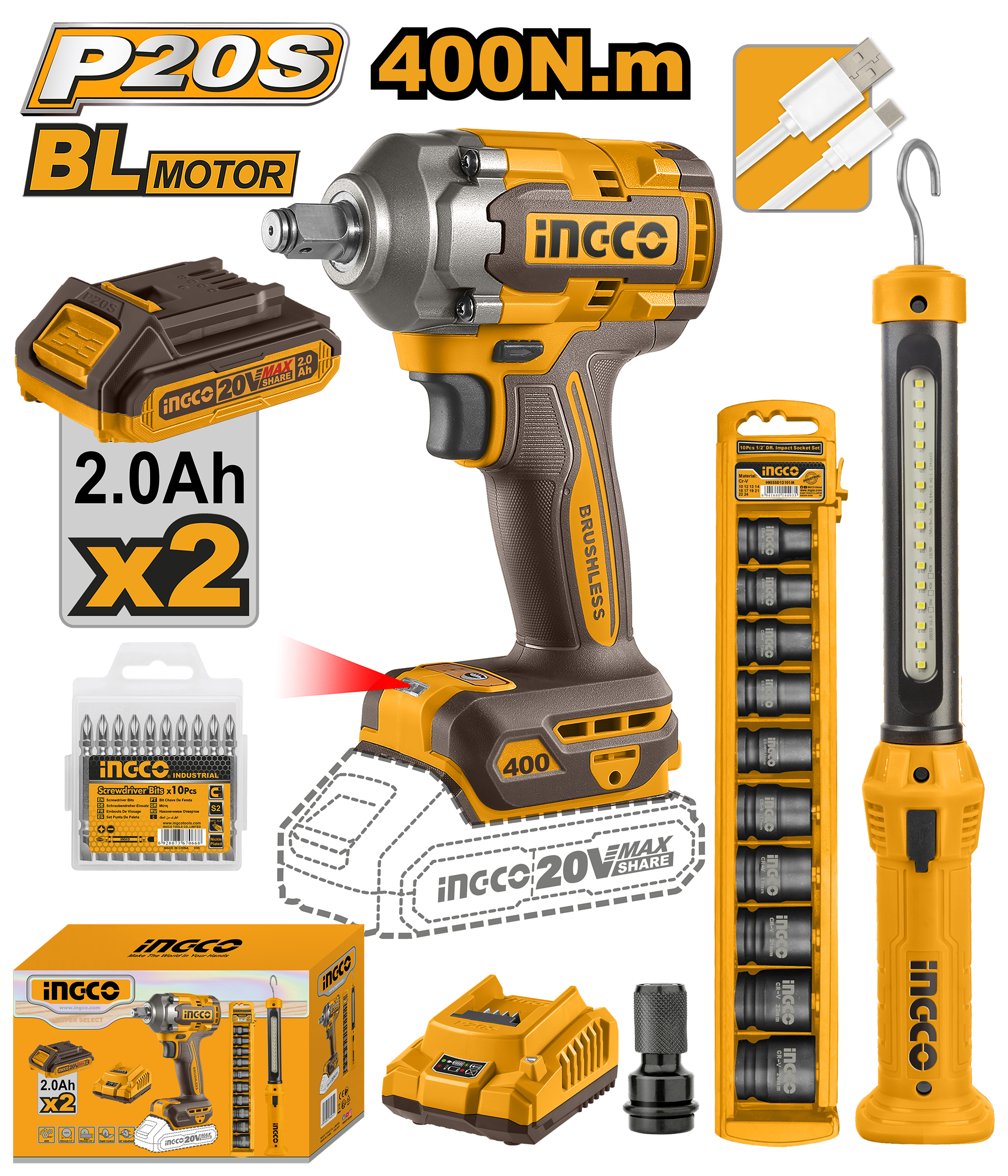 INGCO COMBO KIT 2 PCS IMPACT WRENCH 400NM   20V