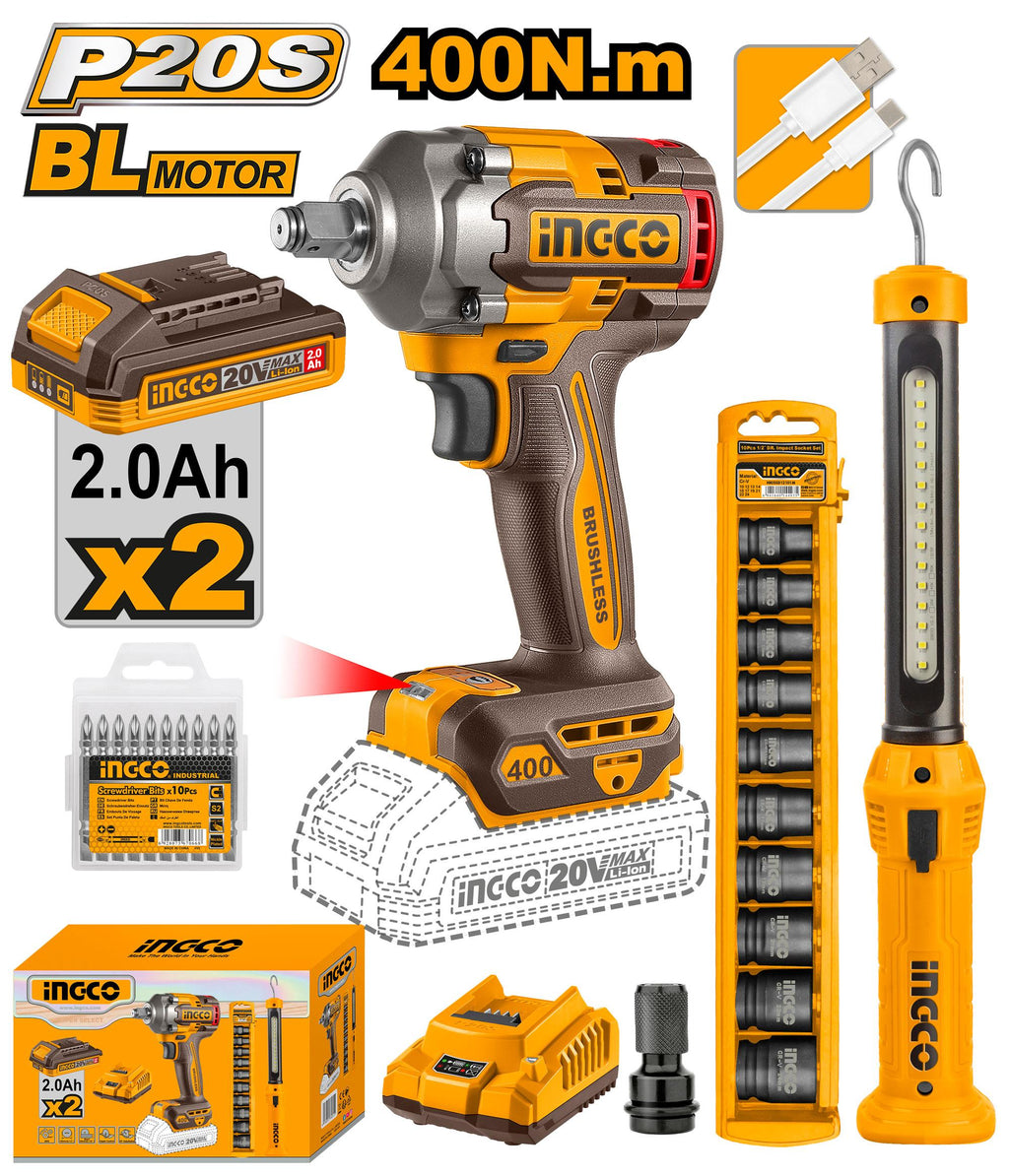 INGCO COMBO KIT 2 PCS IMPACT WRENCH 400NM   20V