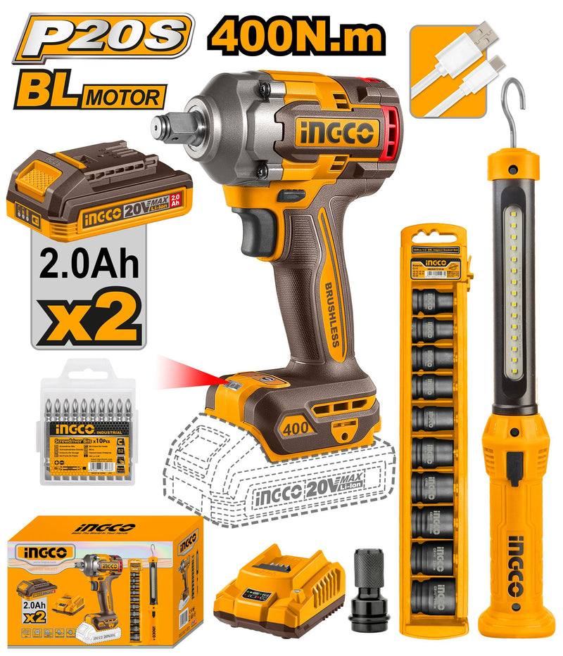 INGCO COMBO KIT 2 PCS IMPACT WRENCH 400NM   20V