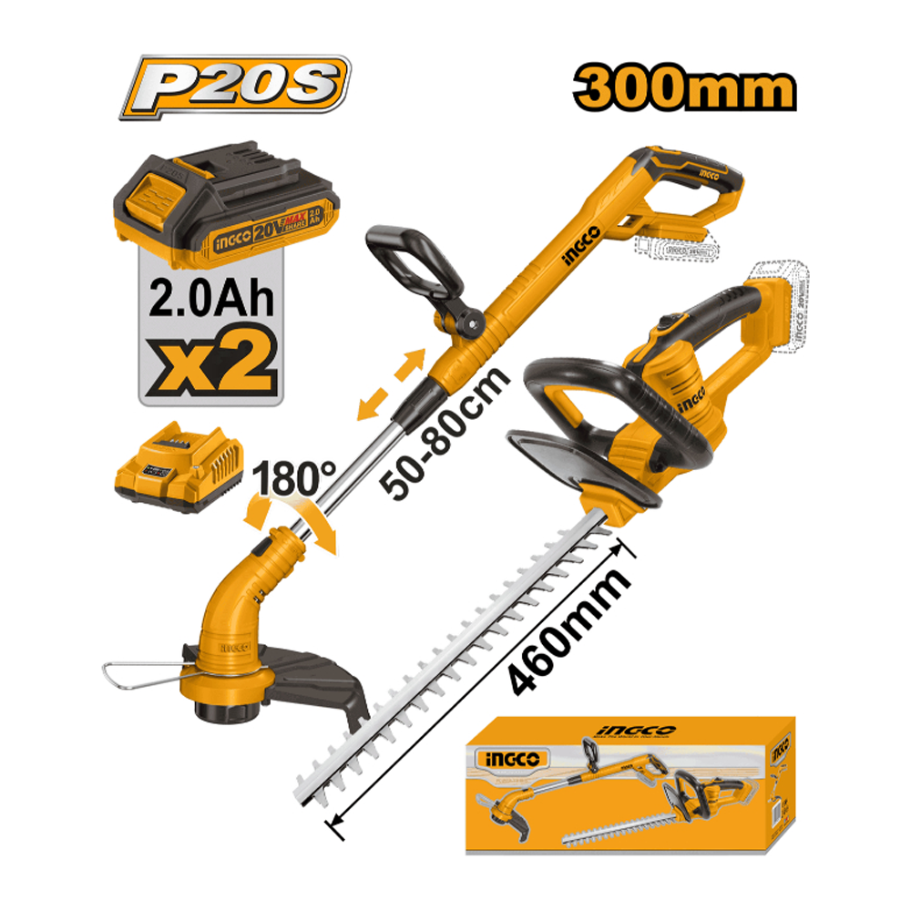 INGCO COMBO KIT 2 PCS 1PCS GRASS TRIMMER+1PCS HEDGE TRIMMER   20V