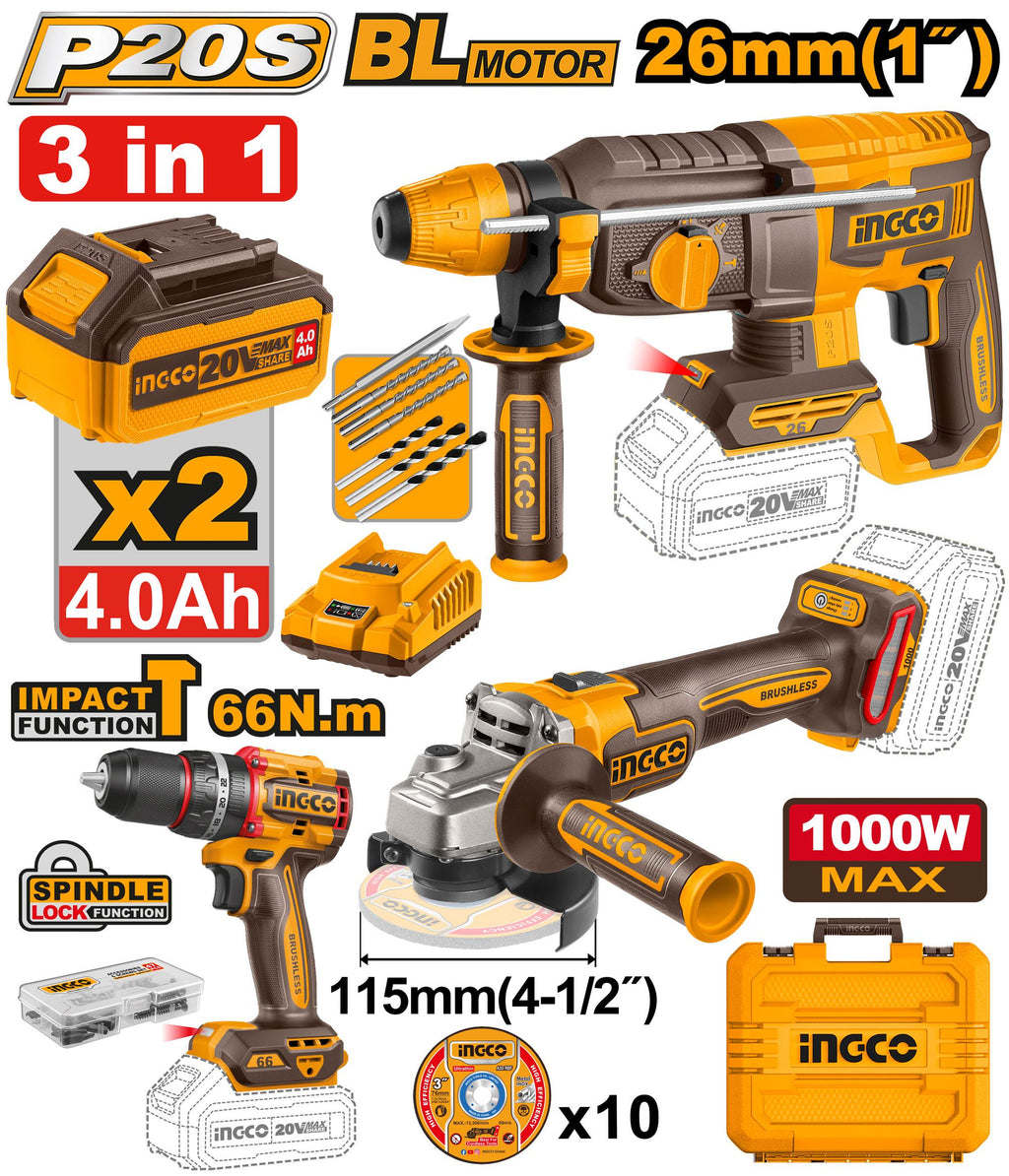 INGCO COMBO KIT 3 PCS CORDLESS IMPACT DRILL+ROTARY HAMMER+GRINDER   20V COSLI241198