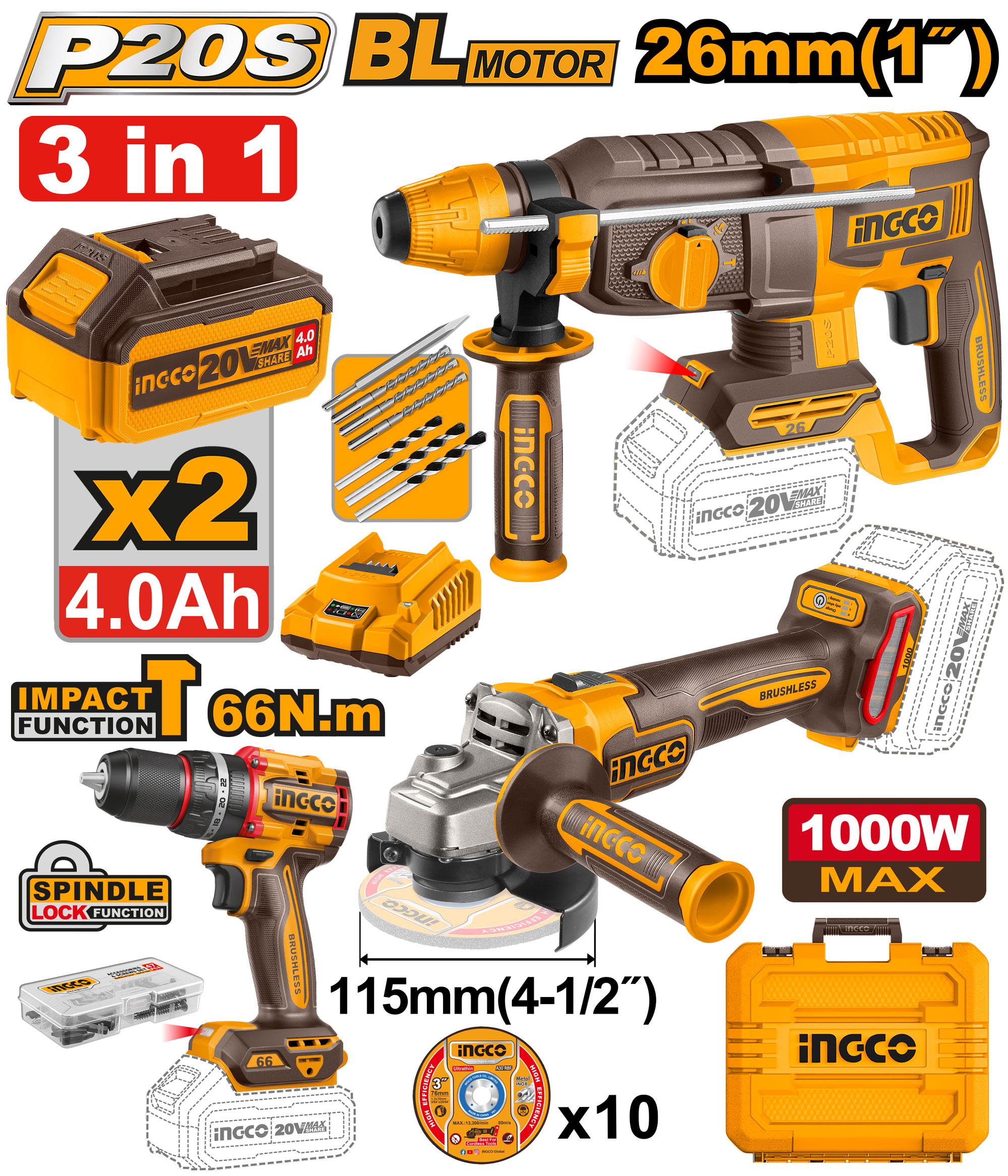 INGCO COMBO KIT 3 PCS CORDLESS IMPACT DRILL+ROTARY HAMMER+GRINDER   20V COSLI241198