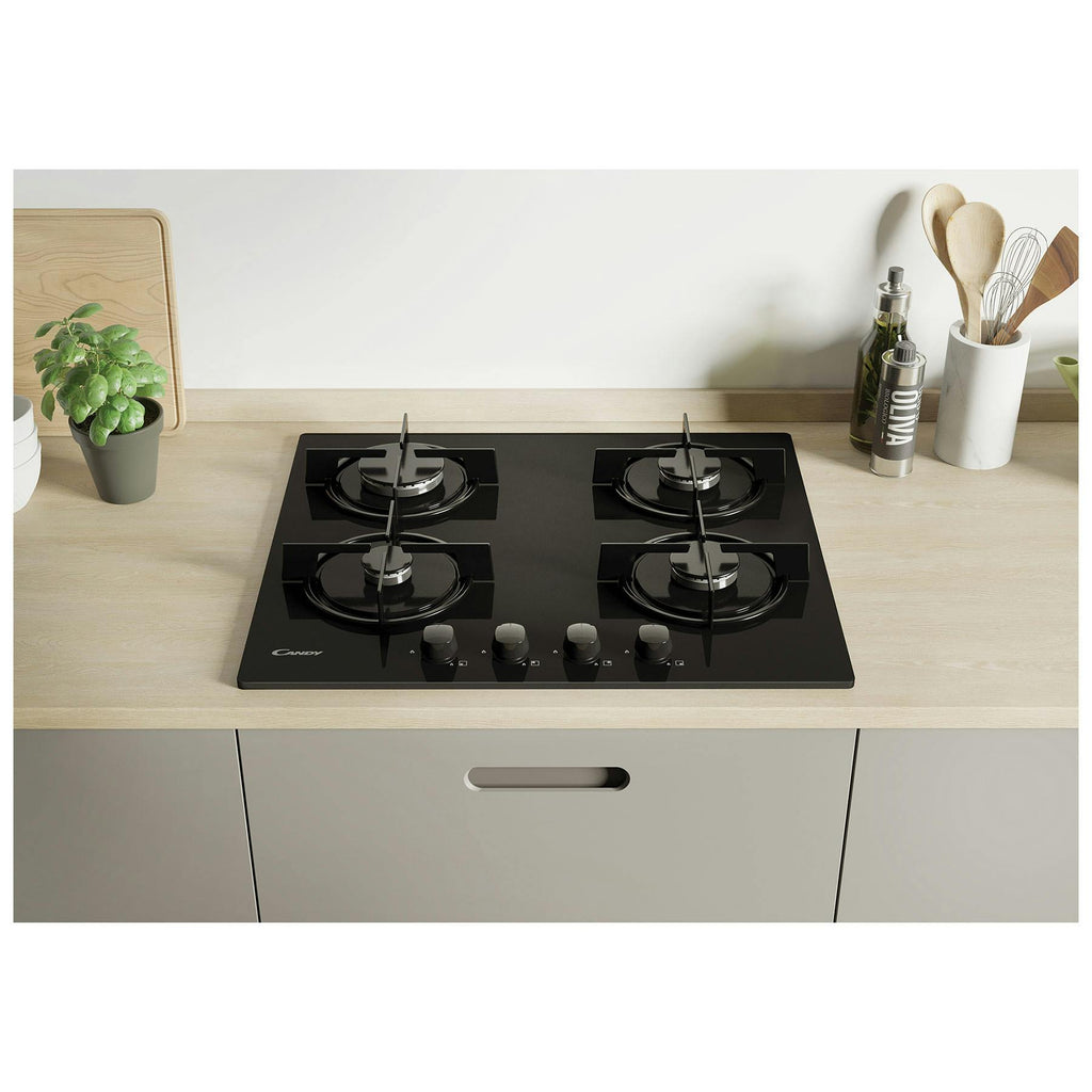 Candy 60cm 4 Burner Gas Hob on Black Glass CVW6BB-MAR