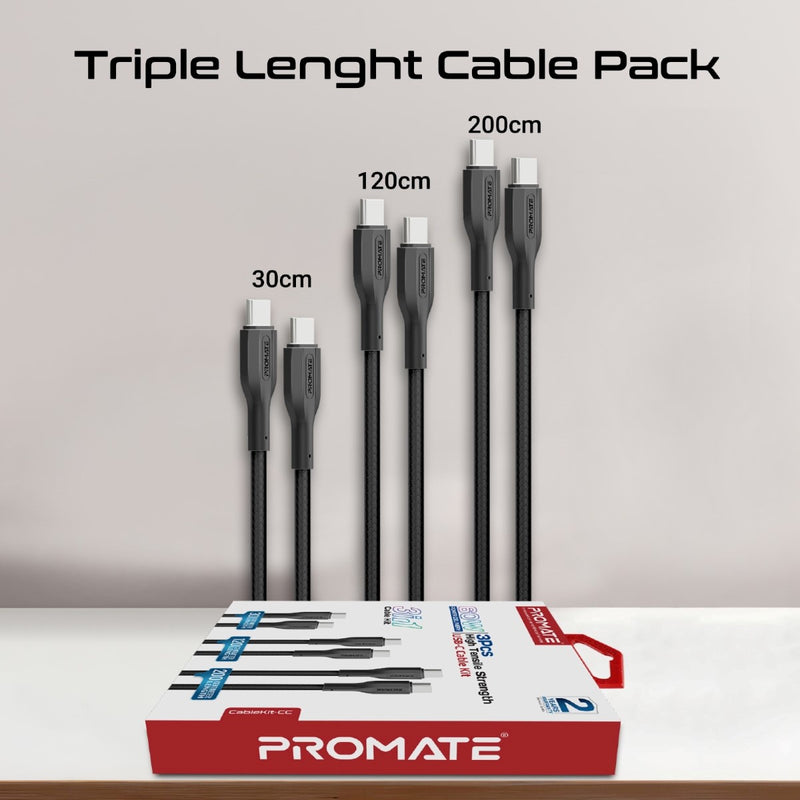 Promate 3Pcs High Tensile Strength Data & Charge USB-C Cable kit (CableKit-CC) PRO-CABLE-CableKit-CC