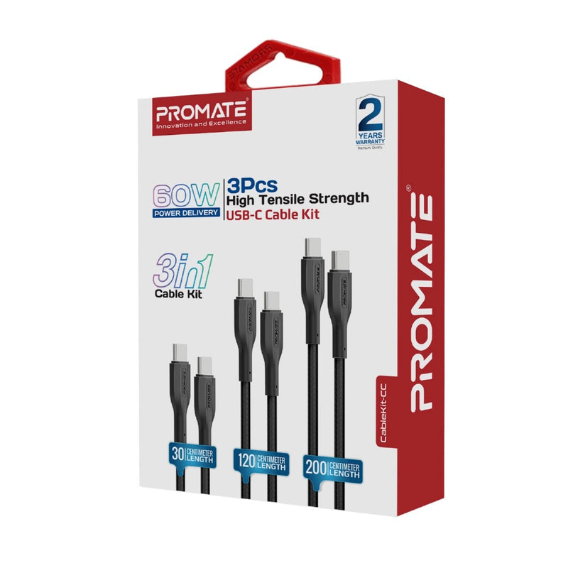 Promate 3Pcs High Tensile Strength Data & Charge USB-C Cable kit (CableKit-CC) PRO-CABLE-CableKit-CC
