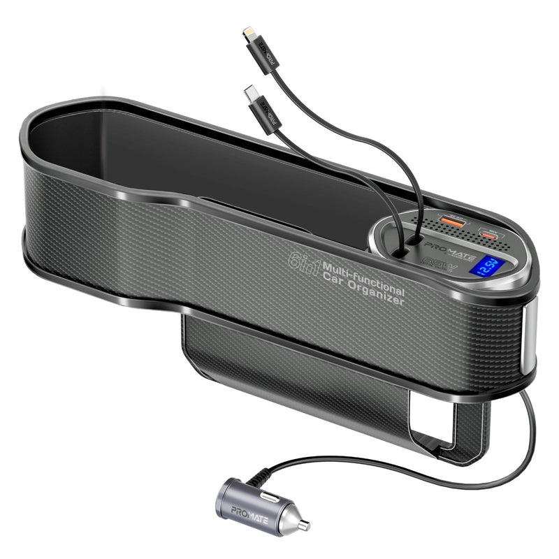 PROMATE 65W Multi-Functional Car Organizer and Charging Station with USB-C & Lightning Retractable Cables (CarMate-RPD.BLACK) PRO-CarMate-RPD.BLACK