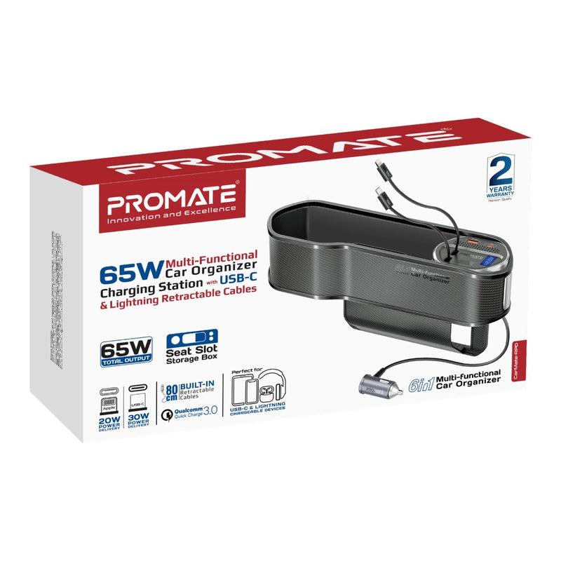 PROMATE 65W Multi-Functional Car Organizer and Charging Station with USB-C & Lightning Retractable Cables (CarMate-RPD.BLACK) PRO-CarMate-RPD.BLACK