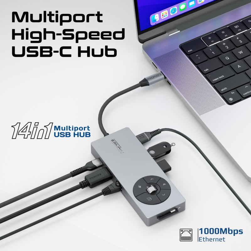 Promate 14-in-1 Highspeed Multiport USB-C Hub with 100W PD Passthrough & Multimedia Controls (COMANDHUB-PRO) PRO-HUB-COMANDHUB-PRO