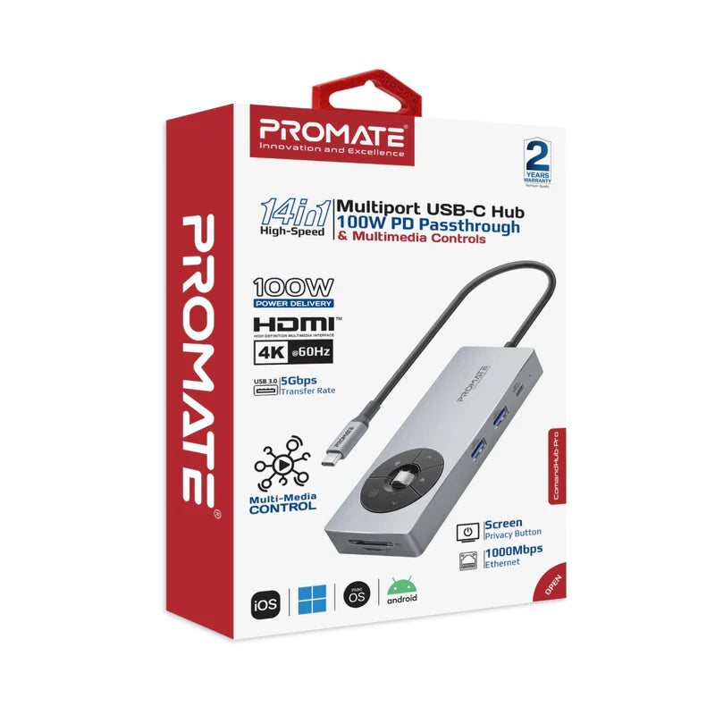 Promate 14-in-1 Highspeed Multiport USB-C Hub with 100W PD Passthrough & Multimedia Controls (COMANDHUB-PRO) PRO-HUB-COMANDHUB-PRO