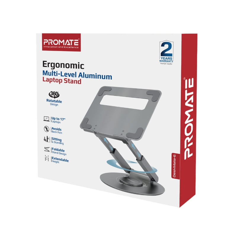 Promate Ergonomic Multi-Level Aluminium Laptop Stand DESKMATE-6.GREY PRO-COOL-DESKMATE-6.GREY