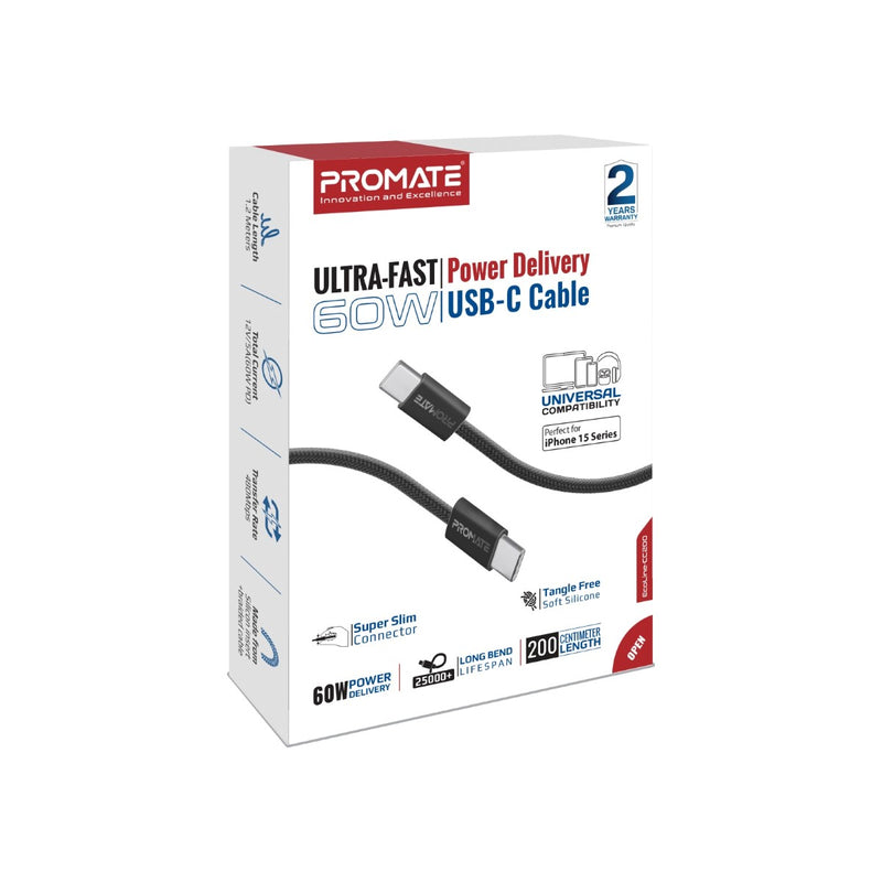 Promate Ultra-Fast 60W Power Delivery USB-C cable (ECOLINE-CC200.BLACK) PRO-CH-ECOLINE-CC200.BLACK