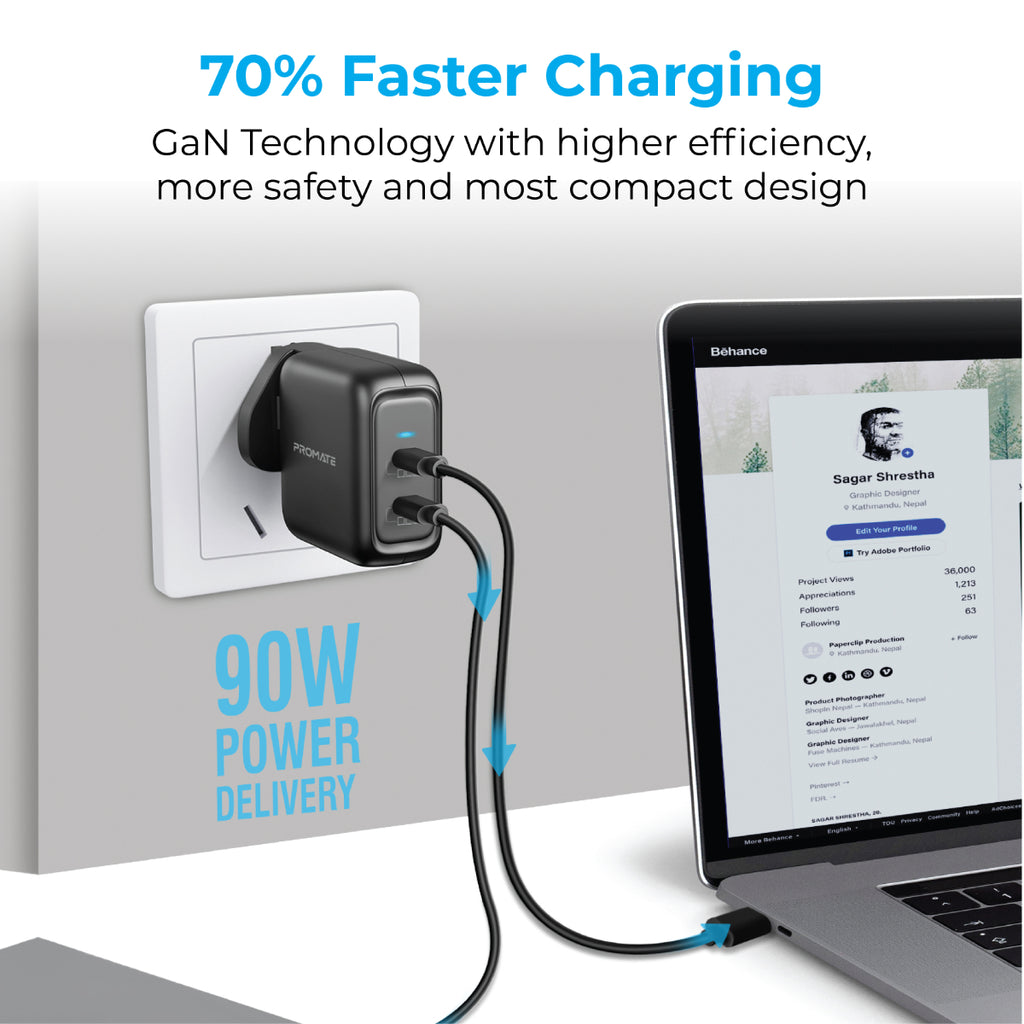 Promate Wall Socket Charger Black GANPORT-90PD.EU-BK(2XUSB-C) PRO-CH-GANPORT-90PD.EU-BK