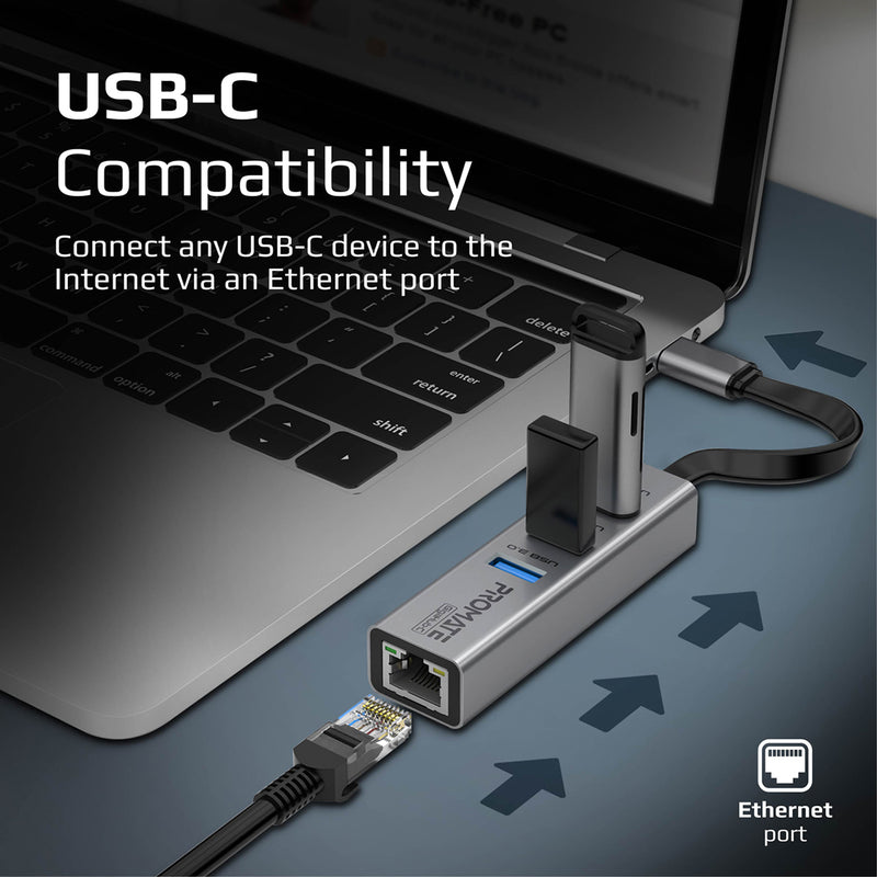 Promate Multi-Port USB-C Hub with Ethernet Adapter (USB 3.0 Ports, 5Gbps Sync, 1000Mbps Ethernet as icons) GIGAHUB-C PRO-HUB-GIGAHUB-C