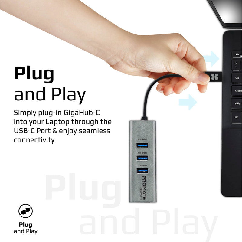 Promate Multi-Port USB-C Hub with Ethernet Adapter (USB 3.0 Ports, 5Gbps Sync, 1000Mbps Ethernet as icons) GIGAHUB-C PRO-HUB-GIGAHUB-C