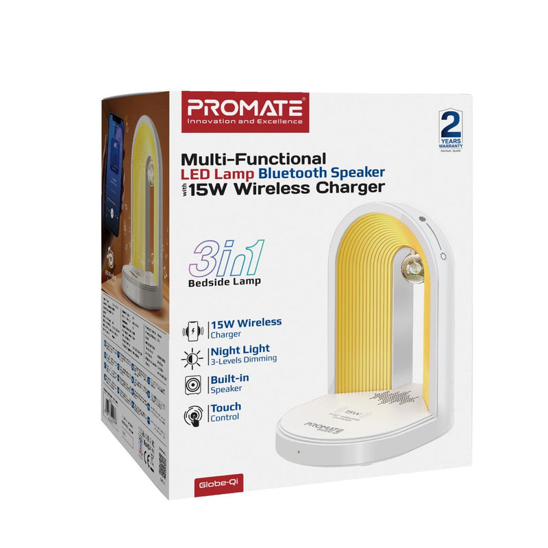 Promate Multi-Functional LED Lamp Bluetooth Speaker with 15W Wireless Charger for Phone (GLOBE-QI) PRO-SP-GLOBE-QI