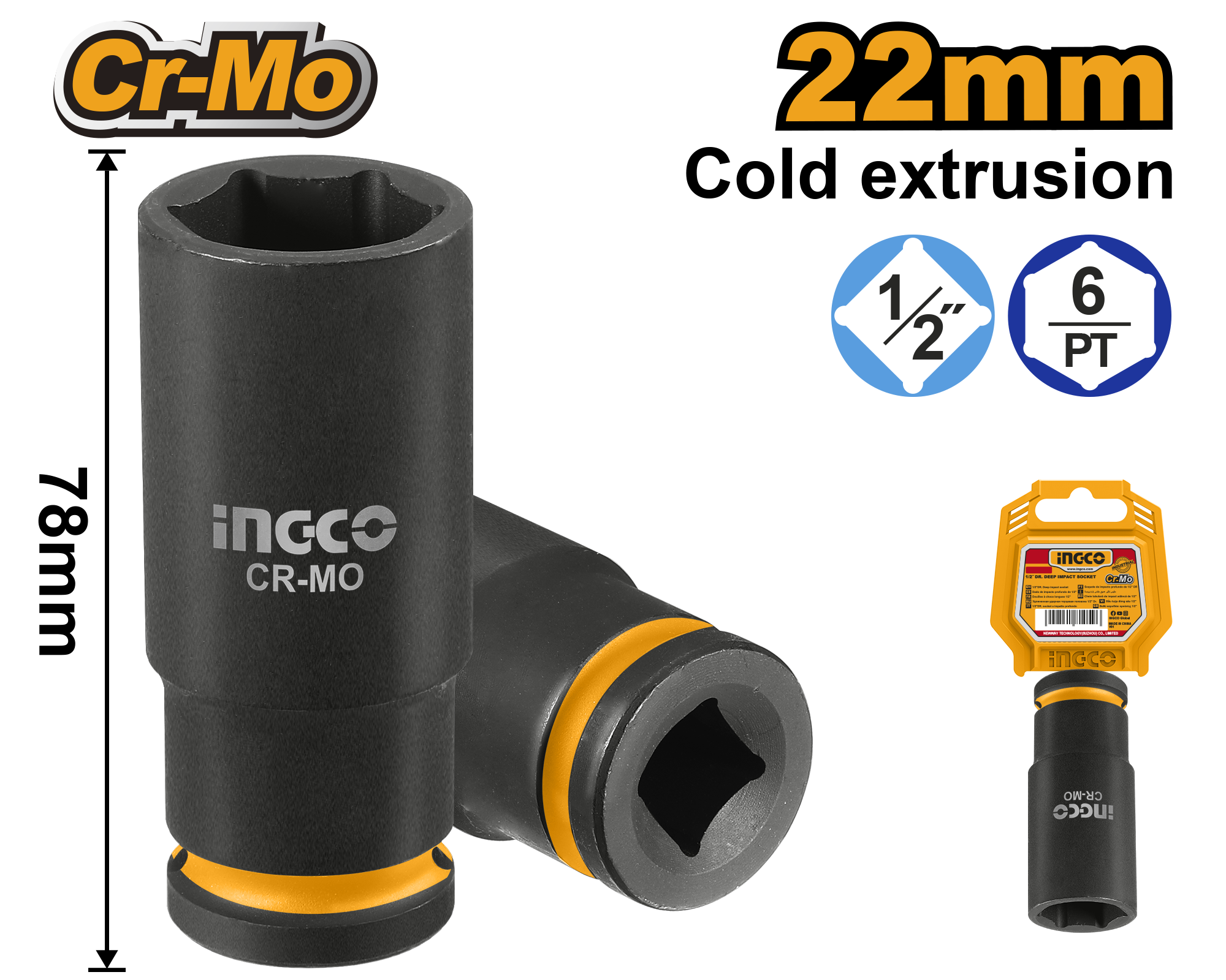 INGCO 1/2"DR. DEEP IMPACT SOCKET HDIS12222L