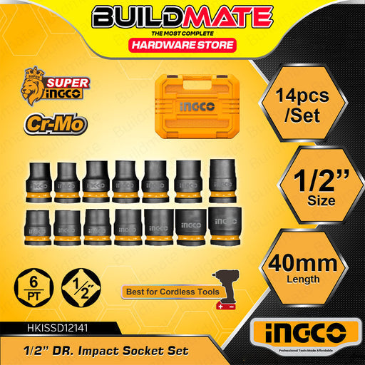 INGCO IMPACT SOCKET SET OF 14 PCS 1\2" DR.