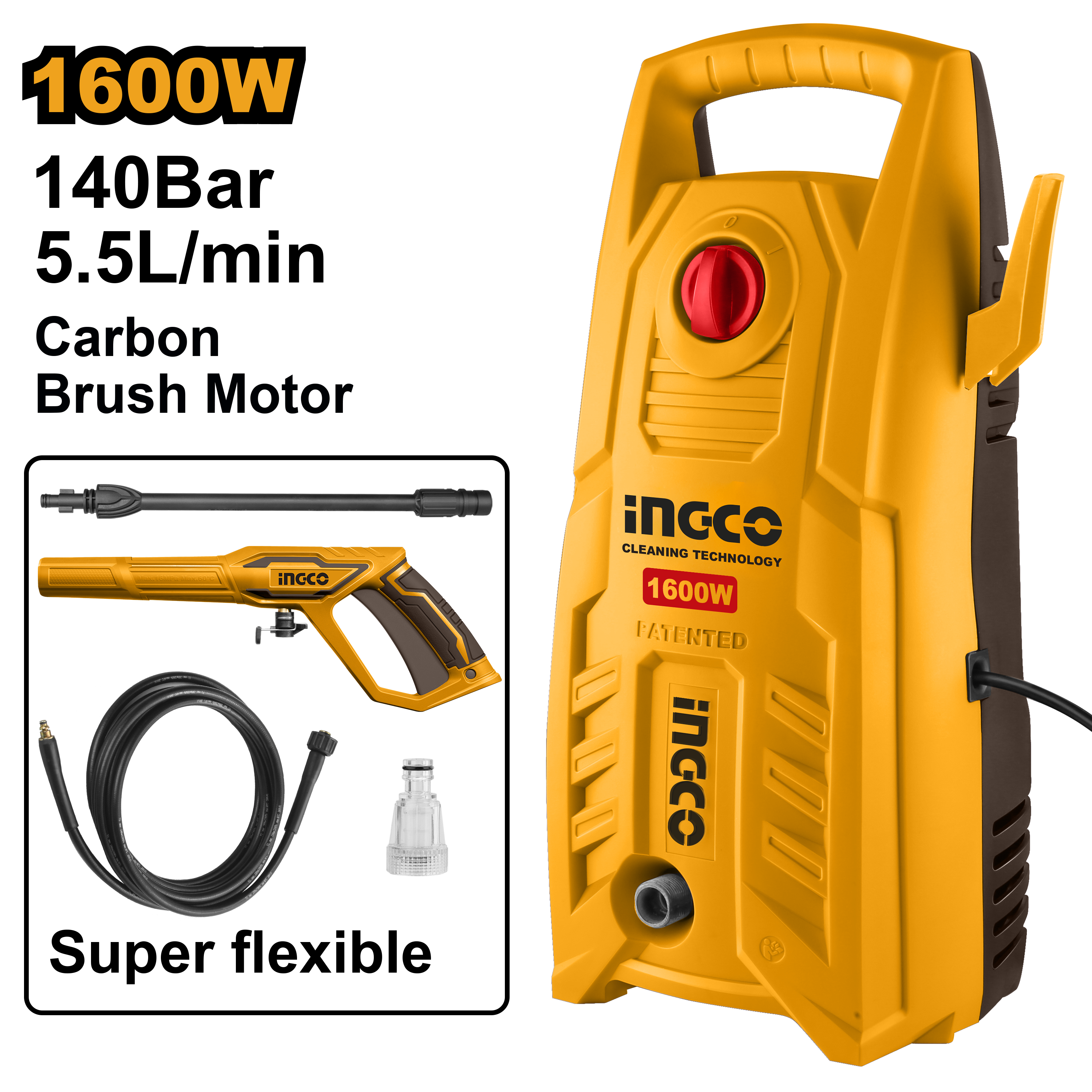INGCO HIGH PRESSURE WASHER CARBON BRUSH MOTOR 140 BAR 1600W