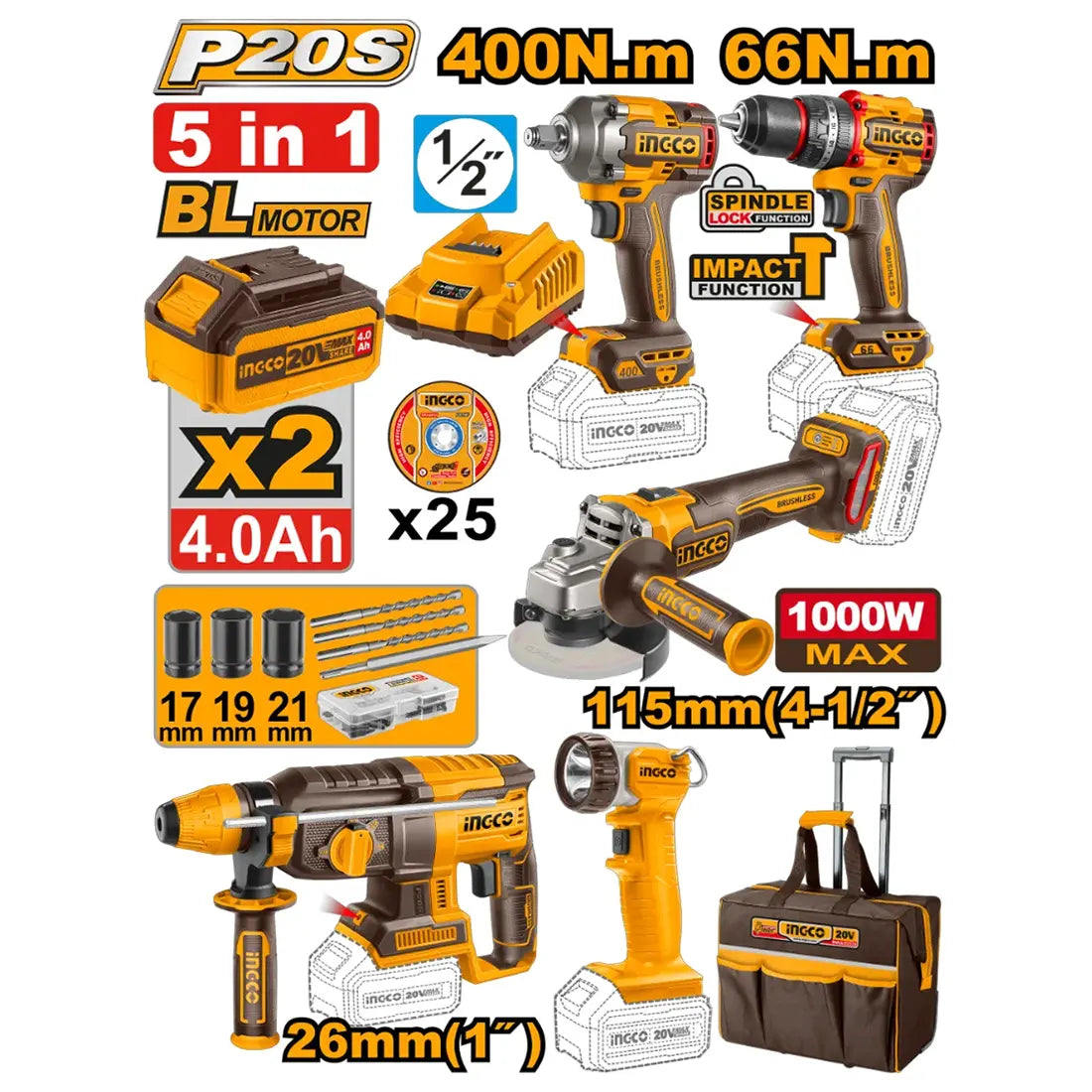INGCO 5 PCS CORDLESS INDUSTRIAL COMBO KIT CKLI2059