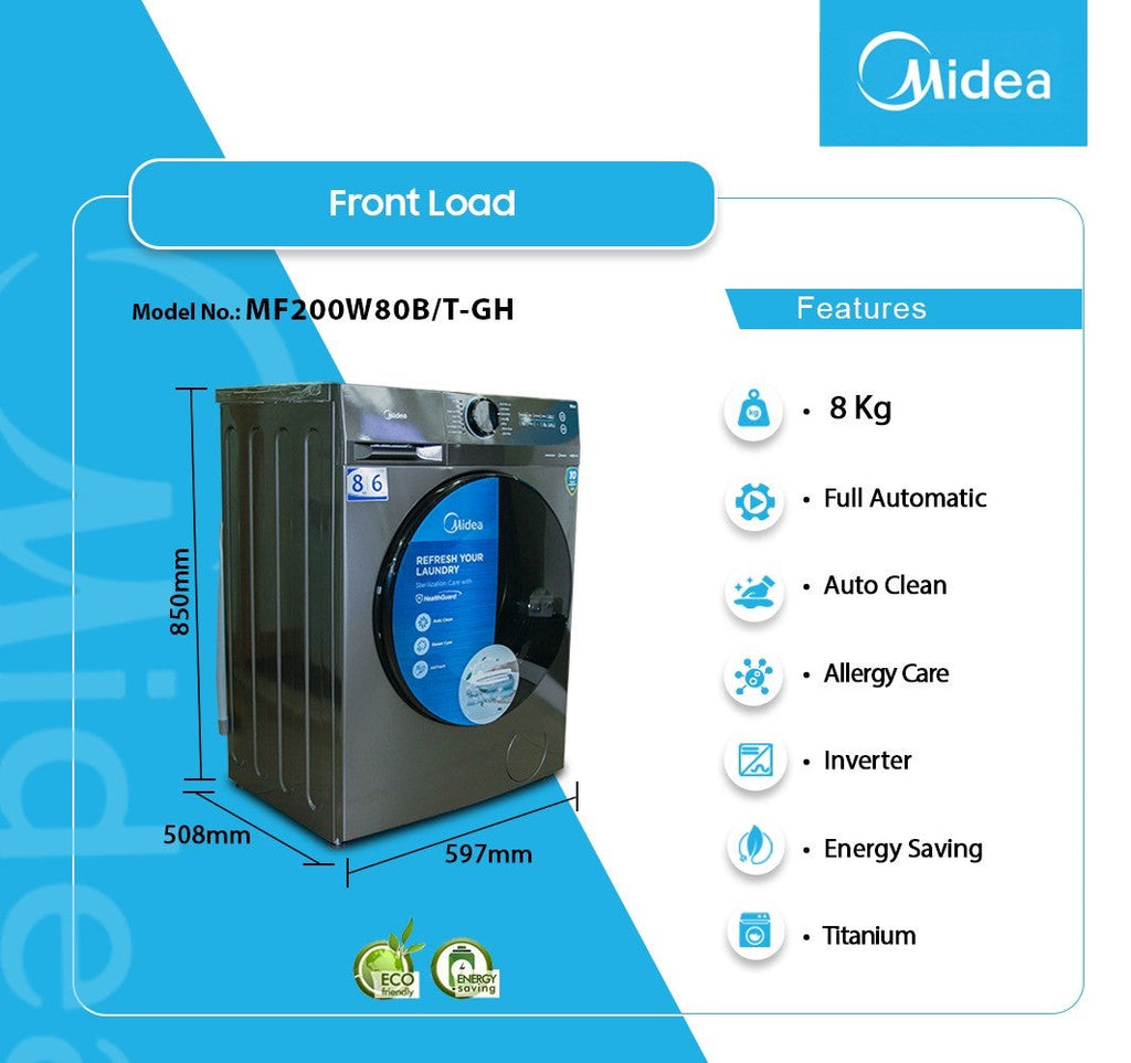 MIDEA WASHING MACHINE FRONT LOADING 8KG INVERTER WIFI TITANIUM GREY