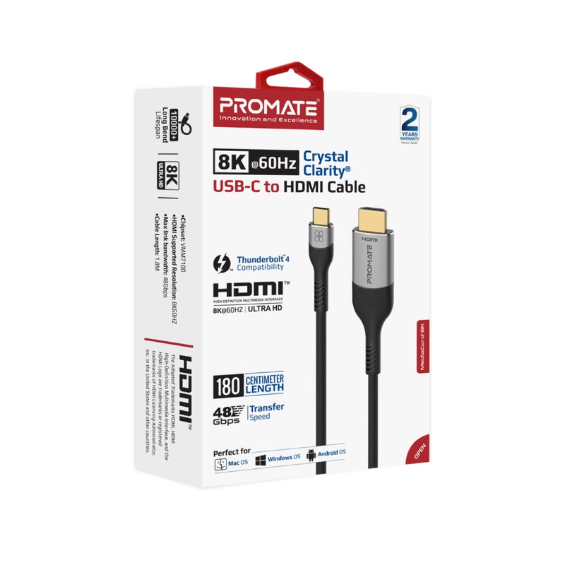 Promate 8K CrystalClarity™ USB-C to HDMI Cable (MediaCord-8K) PRO-CABLE-MediaCord-8K