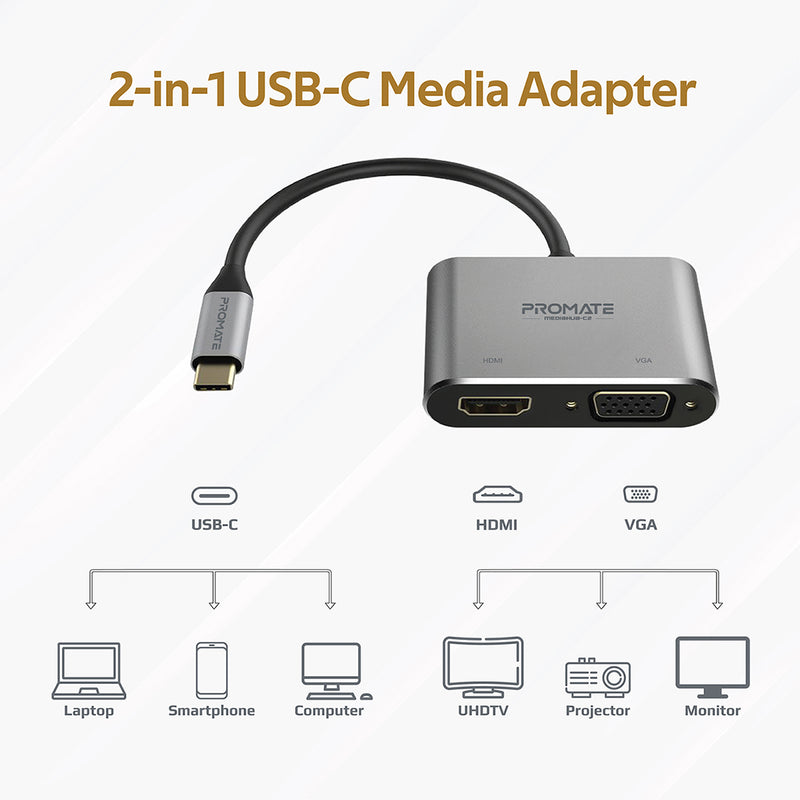 Promate High Definition USB-C Display Adapter MEDIAHUB-C2 PRO-CABLE-MEDIAHUB-C2