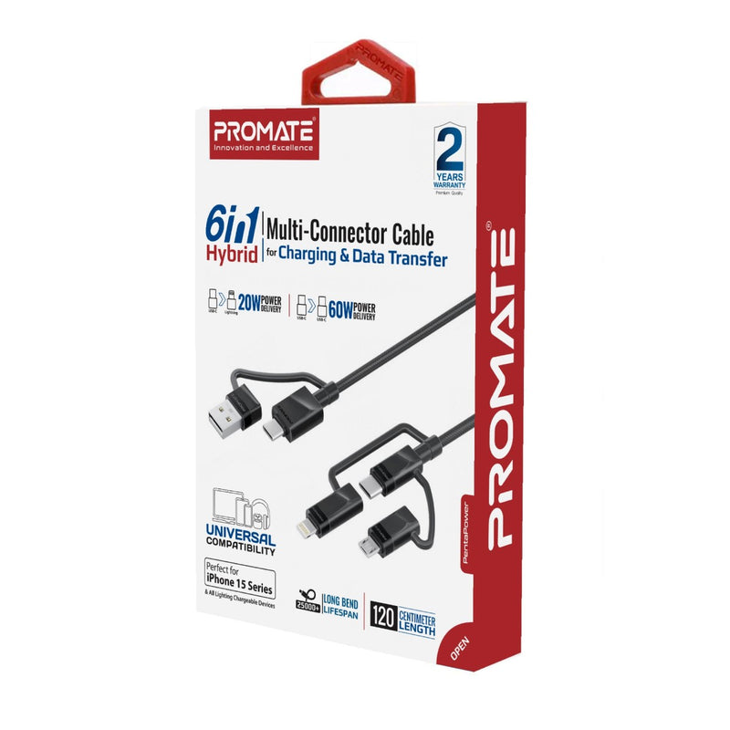 Promate 6-in-1 Hybrid Multi-Connector cable for Charging & Data Transfer (PentaPower.BLACK) PRO-CABLE-PentaPower.BLACK