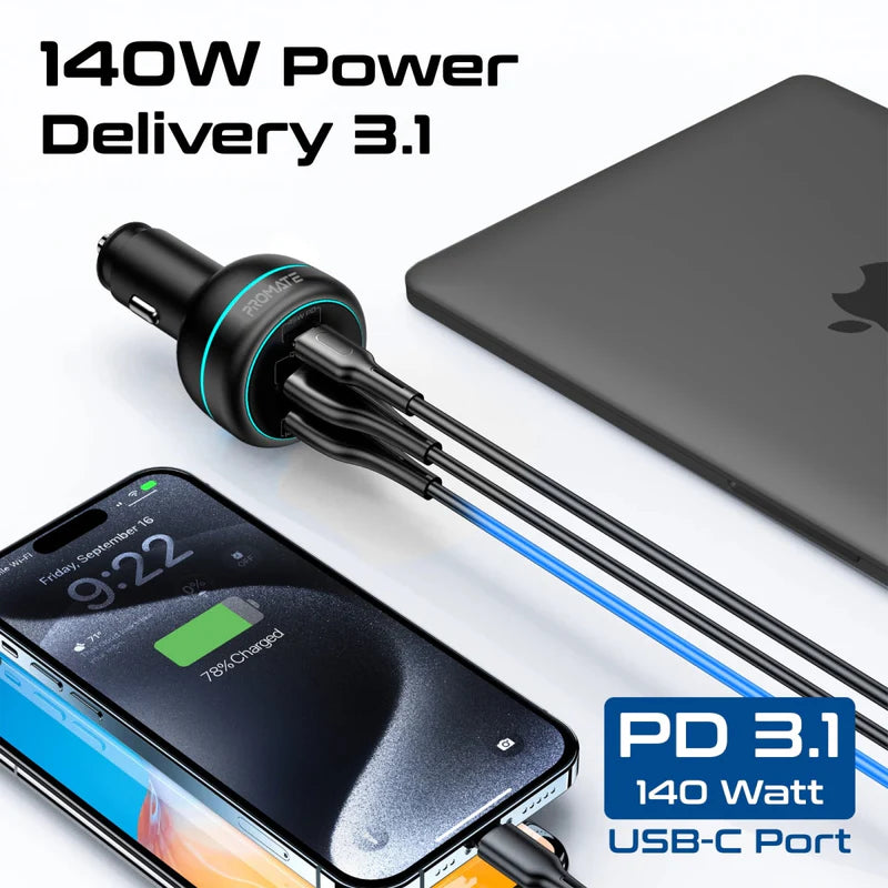 Promate 230W RapidCharge™ Car Charger with Dual Power Delivery and Quick Charge Ports (PowerDrive-230) PRO-CC-PowerDrive-230