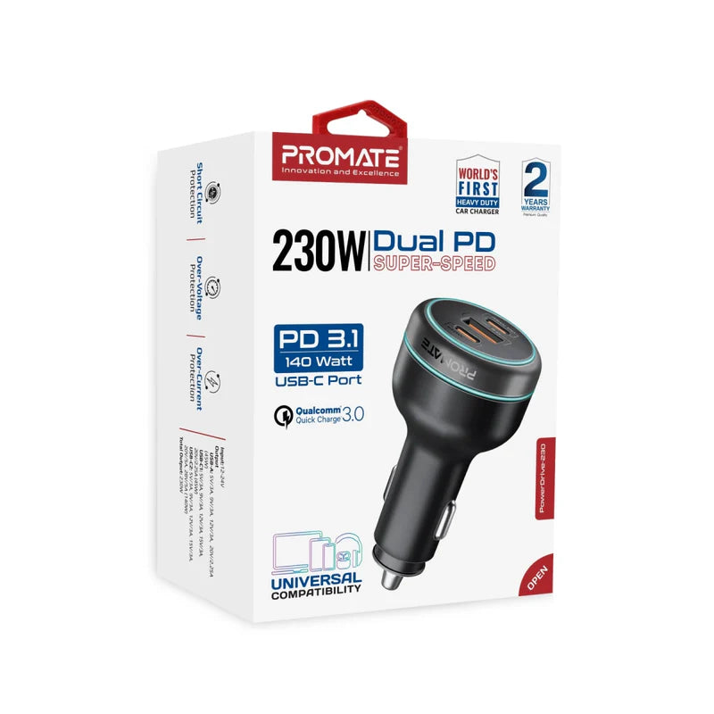 Promate 230W RapidCharge™ Car Charger with Dual Power Delivery and Quick Charge Ports (PowerDrive-230) PRO-CC-PowerDrive-230