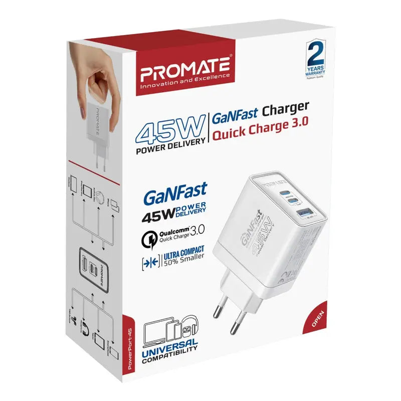 Promate 45W Power Delivery GaNFastCharger with Quick Charge 3.0 POWERPORT-45 WHITE PRO-CH-POWERPORT-45.WHITE.UK