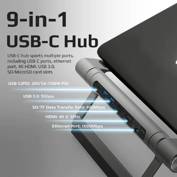 Promate PrimeBase-C.Grey 9-in-1 Multiport USB-C Hub with Laptop Stand PRO-PrimeBase-C.Grey