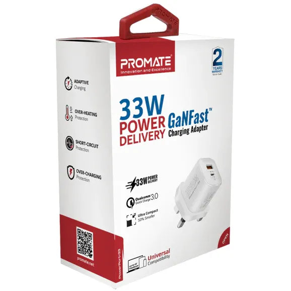 Promate 33W Power Delivery GaNFast™ Charging Adapter (PowerPort-33.UK-BK) PRO-CH-PowerPort-33.UK-BK