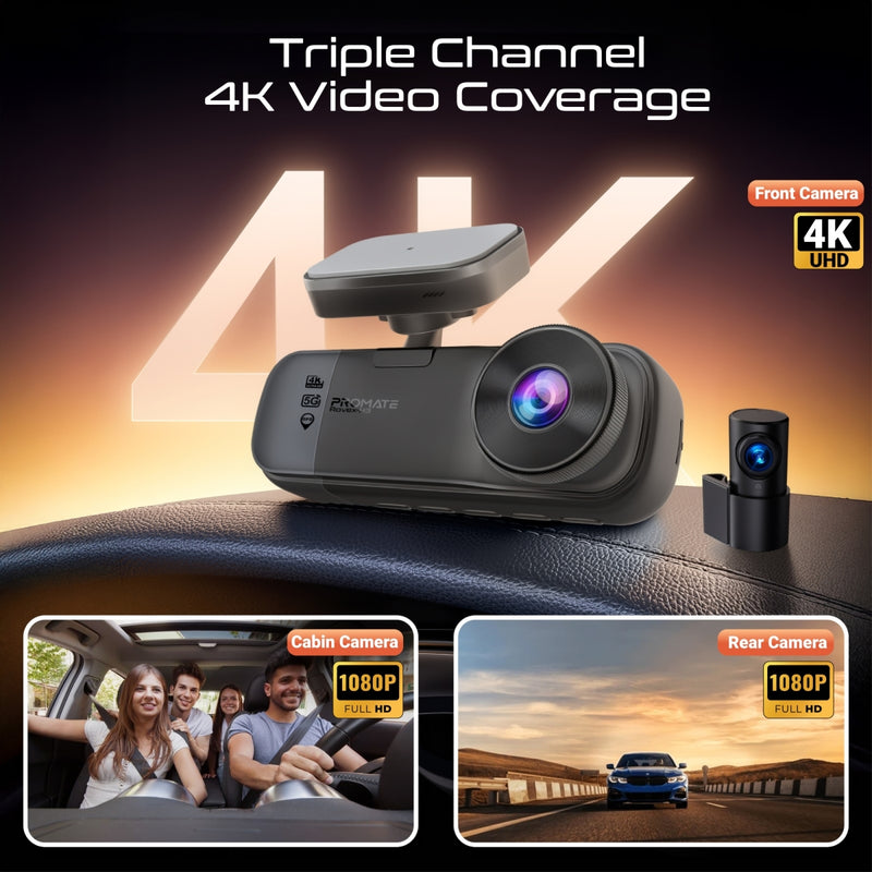 PROMATE 4K HD Dash-Cam front, cabin and rear view, with Night Vision, Parking Monitor and Built-in GPS (Rovex-H3) PRO-DASHCAM-ROVEX-H3