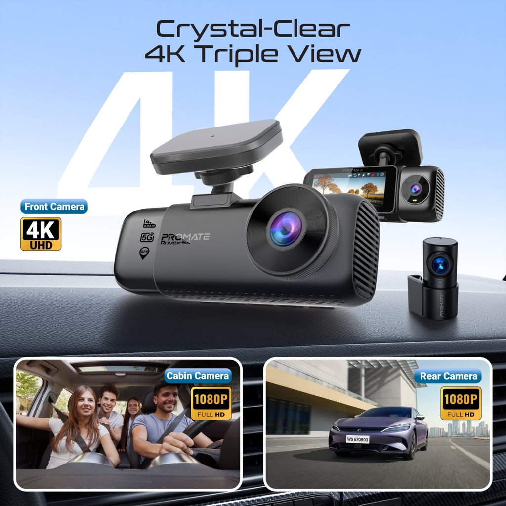 PROMATE 4K Ultra HD Dash-Cam with front, cabin, rear view, AI ISP Night Vision and Parking Monitor (Rovex-S3) PRO-DASHCAM-ROVEX-S3