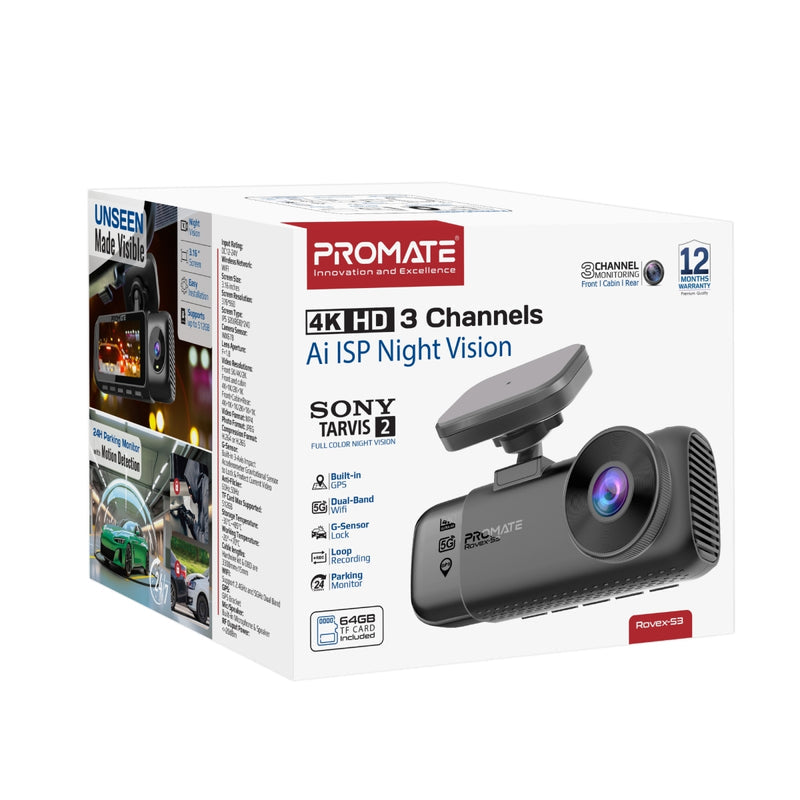 PROMATE 4K Ultra HD Dash-Cam with front, cabin, rear view, AI ISP Night Vision and Parking Monitor (Rovex-S3) PRO-DASHCAM-ROVEX-S3