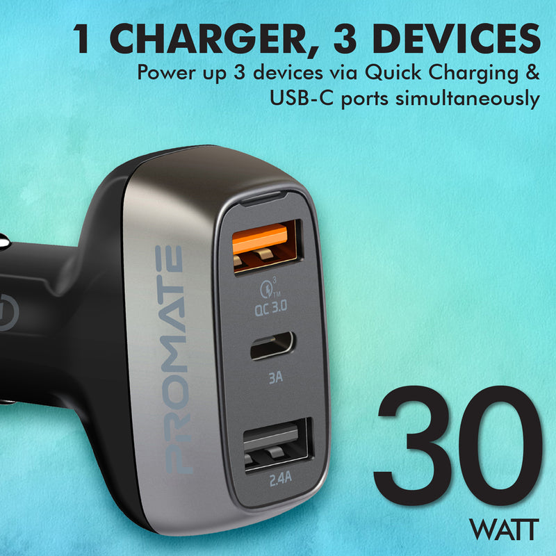 Promate Car Charger QC 3.0 with 30 Watt Dual USB Ports(SCUD-30) PRO-CC-SCUD‐30