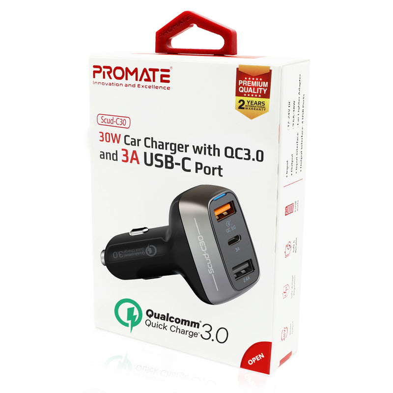 Promate Car Charger QC 3.0 with 30 Watt Dual USB Ports(SCUD-30) PRO-CC-SCUD‐30